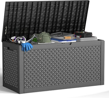 ROJIK Outdoor Storage Housing Deck Box - Waterproof Patio Furniture, Garden Tools, Cushions, Pool Accessories Storage Bench with Lockable Lid and Side Handles (Black,125 Gal)