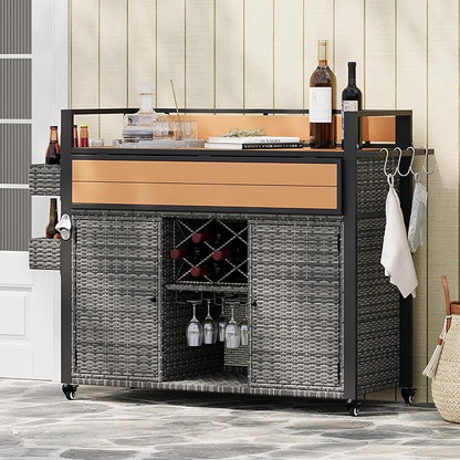 RUNNA Wicker Outdoor Grill Cart with Extended Plastic Wood Table Top, Rolling Kitchen Island on Wheels with Storage Cabinet, for Patio Backyard Garden Poolside, Double Handle Design (Grey@047)