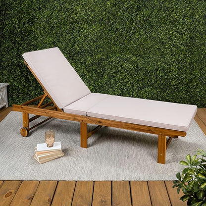 JONATHAN Y Mallorca 23.62" x 77.17" Acacia Wood Chaise Lounge, Beige | 5-Position Reclining Back, Foldable Frame, Dual Rear Wheels, Included Cushion, Teak Brown Finish, Armless Slat, Coastal Style