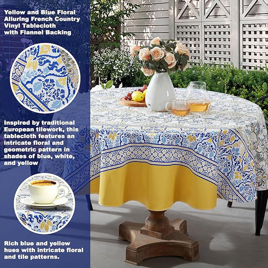 Home Bargains Plus Round Vinyl Tablecloth with Flannel Backing, 70 Inch, Alluring French Country, Yellow and Blue Floral Vinyl Table Cover, Heavy Weight for Dining Party and Barbecues