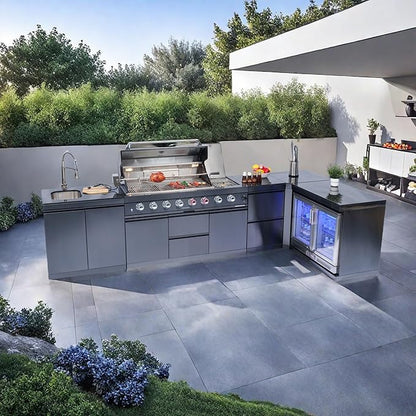 157" 6-Burner 96000 BTU Propane Gas Outdoor Kitchen Island - Stainless Steel Grill with Wine Cooler, Rotisserie, Granite Countertops, Storage Cabinets & Drawers,Black