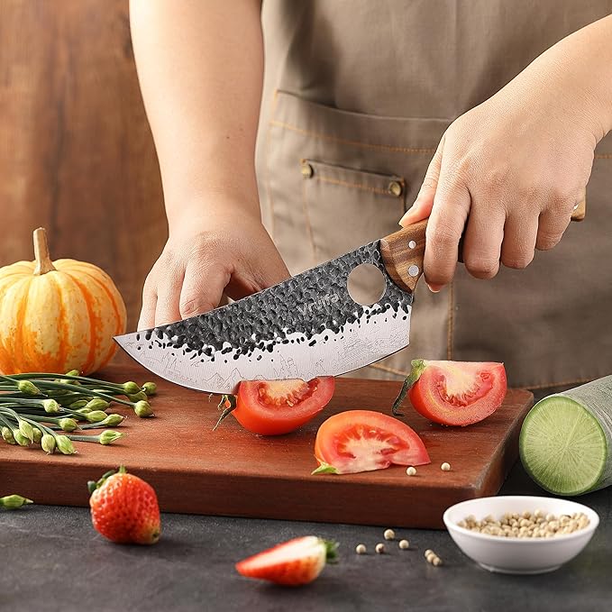 VRUIFA 3 PCS Butcher Knife Set (Serbian, Meat Cleaver, Viking), Hand Forged with Premium Stainless Steel Blades, Ergonomic Wooden Handle Kitchen Knife Set for Home,BBQ, and Camping