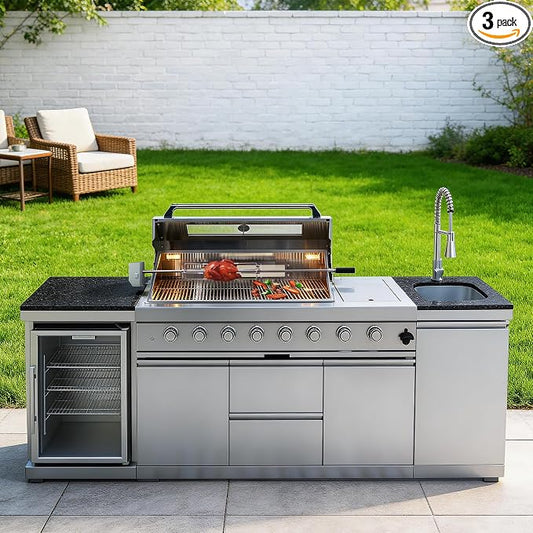 96-Inch 6-Burner Propane Gas Outdoor Grill Island, 85000 BTU 304 SS BBQ with Wine Cooler, Rotisserie, Granite Countertops for Patio Backyard, Silver