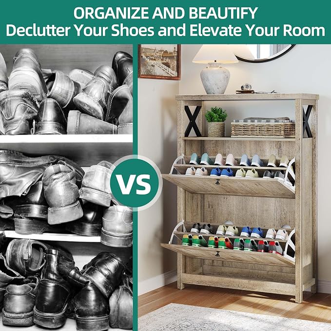 YITAHOME Shoe Cabinet with 2 Flip Drawers | Entryway Shoe Storage Cabinet with Open Shelves, Free Standing Hidden Shoe Rack Storage Organizer for