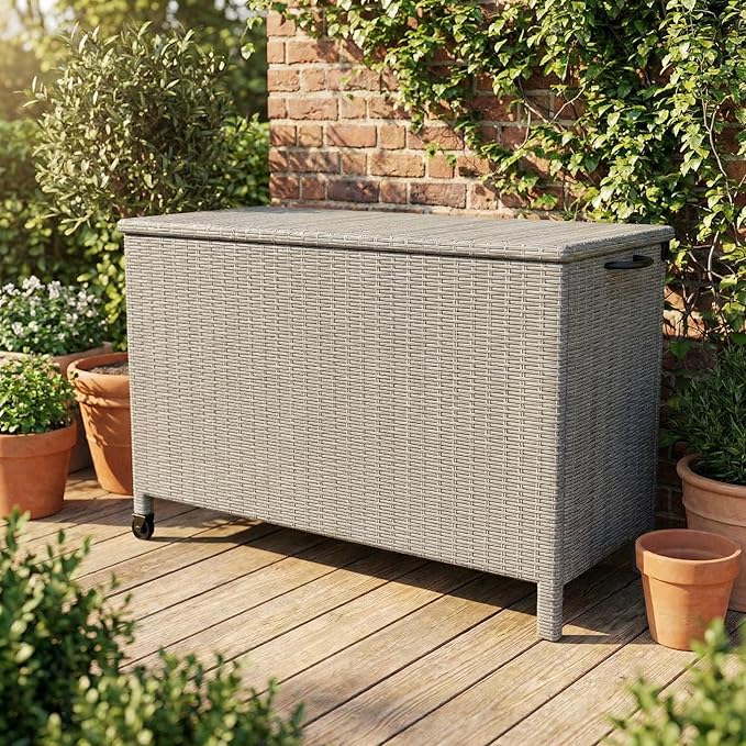 GarveeLife Medium Outdoor Wicker Storage Box, PE Rattan Patio Storage Chest with Steel Frame, Compact Deck Storage Box for Cushions, Toys & Outdoor Essentials – Gray Wicker