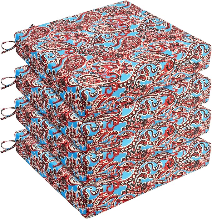 UNIKOME Outdoor Chair Cushions Pack of 4, Water Resistant Patio Cushions with Ties, High Density Sponge Filling Square Corner Seat Cushions for Outdoor Furniture, 18.5"*16"*3", Brown Paisley