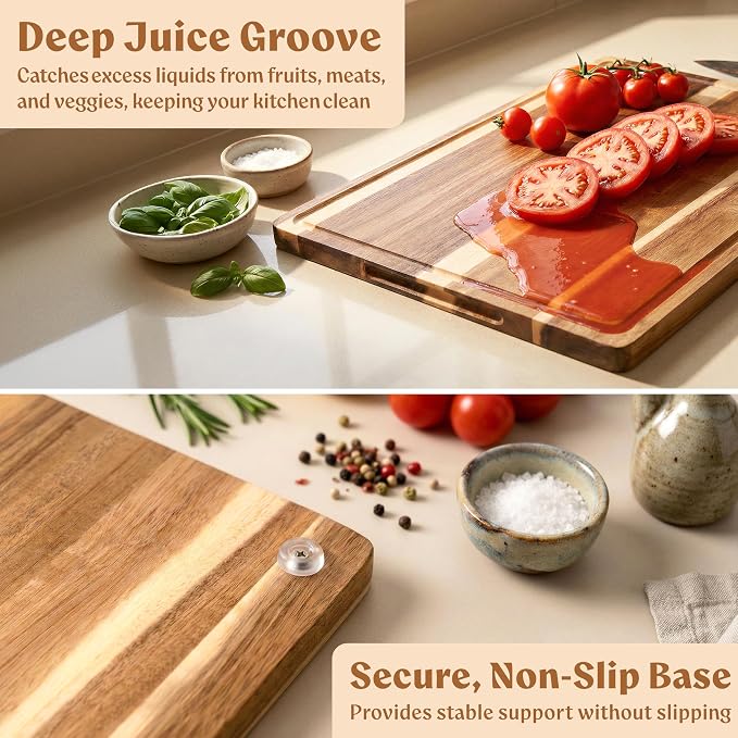 Extra Large Acacia Wood Cutting Board 17x13, Juice Groove | Non Toxic Wooden Chopping Boards, Knife Friendly, Large Kitchen Boards for Meat, Cheese, Charcuterie & Serving