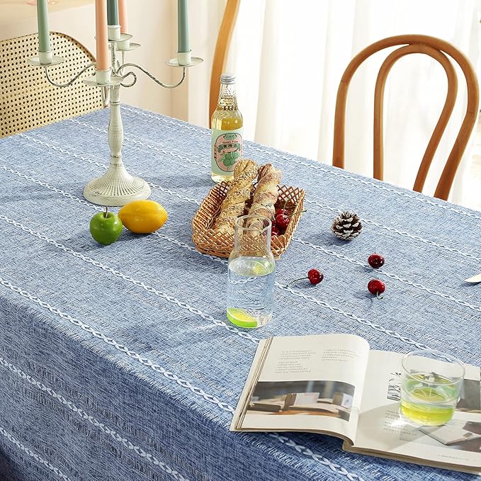 Chassic Rectangle Tablecloth 54 x 72 Inch, Farmhouse Boho Linen Table Cloths, Wrinkle Free & Washable Tablecloths for Small Dining Tables, Summer Kitchen Decor – Hemstitch Blue