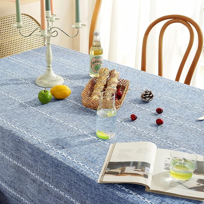 Chassic 60 x 104 inches Farmhouse Style Linen tablecloths, Wrinkle Resistant Washable Dining Room Table Cloths for 6 Foot Rectangle Tables - Hemstitch Blue