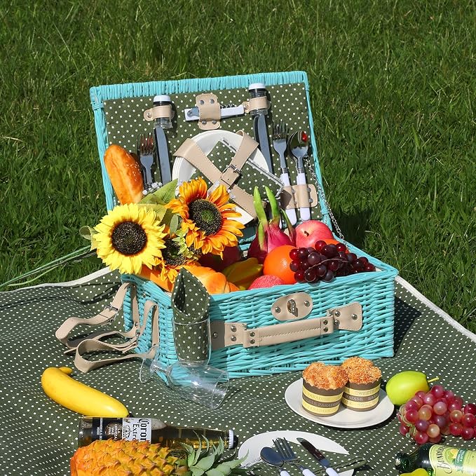 YPshuye Wicker Picnic Basket Set for 4, Blanket, Cooler Bag, Green Dots | Four-Person Wicker Set Includes Tableware, Insulated Food Storage and Waterproof Blanket for Parks, Camping, Dates and Gifts