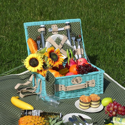 YPshuye Wicker Picnic Basket Set for 4, Blanket, Cooler Bag, Green Dots | Four-Person Wicker Set Includes Tableware, Insulated Food Storage and Waterproof Blanket for Parks, Camping, Dates and Gifts