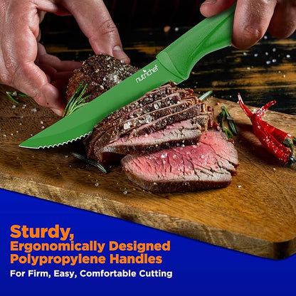 NutriChef Steak Knife Set of 8 - Premium Serrated Stainless Steel Kitchen Knife Set - Ergonomic Design, Sharp Blades, Non-Stick, & Rust-Resistant - Perfect for Home, BBQ's & Restaurants Green