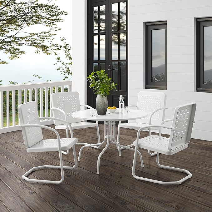 Crosley Furniture Bates 5-Piece Outdoor Dining Set for 4, Retro Metal Round Patio Table and Chairs for Deck, White Gloss