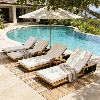 Merax Outdoor Chaise Lounge Set of 2, Acacia Wood Patio Reclining Chairs with 4-Position Adjustable Backrest, 2-Piece Sunbathing Recliner & 4" Thick Double-fold Cushion for Poolside, Garden, Beige