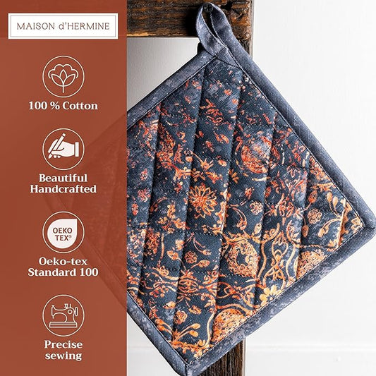 Maison d' Hermine Pot Holders 100% Cotton Heat Resistant Potholders 8" x 8" Hot Pads with Loop for Thanksgiving Christmas Decorations BBQ Cooking Baking Handling Hot Pans (Pack of 1, Imperfection)