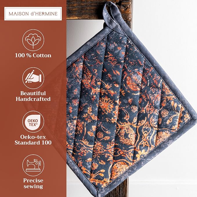 Maison d' Hermine Pot Holders 100% Cotton Potholders (8" x 8", Pack of 2) | Heat Resistant Hot Pads with Loop BBQ Cooking Baking Hotel Kitchen Handling Hot Pans Thanksgiving Christmas - Imperfection