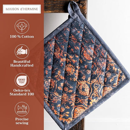 Maison d' Hermine Pot Holders 100% Cotton Potholders (8" x 8", Pack of 2) | Heat Resistant Hot Pads with Loop BBQ Cooking Baking Hotel Kitchen Handling Hot Pans Thanksgiving Christmas - Imperfection