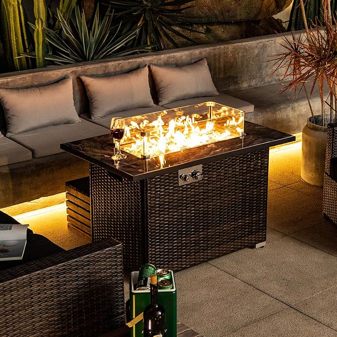 44" Outdoor Propane Fire Table, 50,000 BTU Gas Fire Pit with Ceramic Tile Top, PU Rattan Base, Tempered Glass Wind Guard, Lid & Waterproof Cover, Rectangular Patio Firepit for Backyard, Deck & Garden