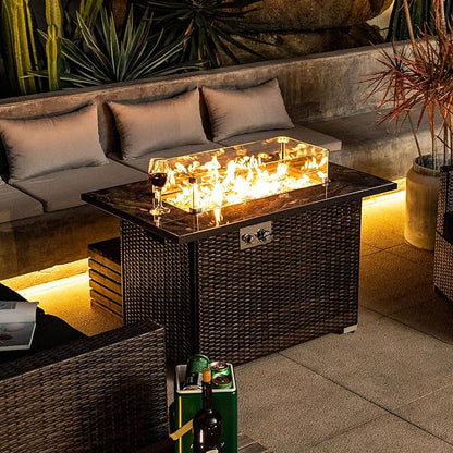 44" Outdoor Propane Fire Table, 50,000 BTU Gas Fire Pit with Ceramic Tile Top, PU Rattan Base, Tempered Glass Wind Guard, Lid & Waterproof Cover, Rectangular Patio Firepit for Backyard, Deck & Garden