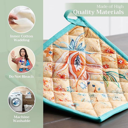 Maison d' Hermine Pot Holders 100% Cotton Heat Resistant Potholders 8" x 8" Hot Pads with Loop Cooking Baking Hotel Farmhouse Kitchen Handling Hot Pans Spring Summer (Pack of 2, Luxury Loft - Peach)