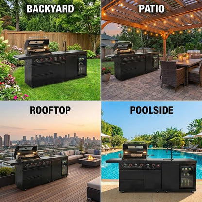 Modular Outdoor Kitchen Island, 6-Burner Gas Grill, 75300 BTU,Silver | 304 Stainless Steel,Garden Outdoor Cooking Backyard, Side Burners Sink,Wine,Cooler,Refrigerator,Rotisserie Kit