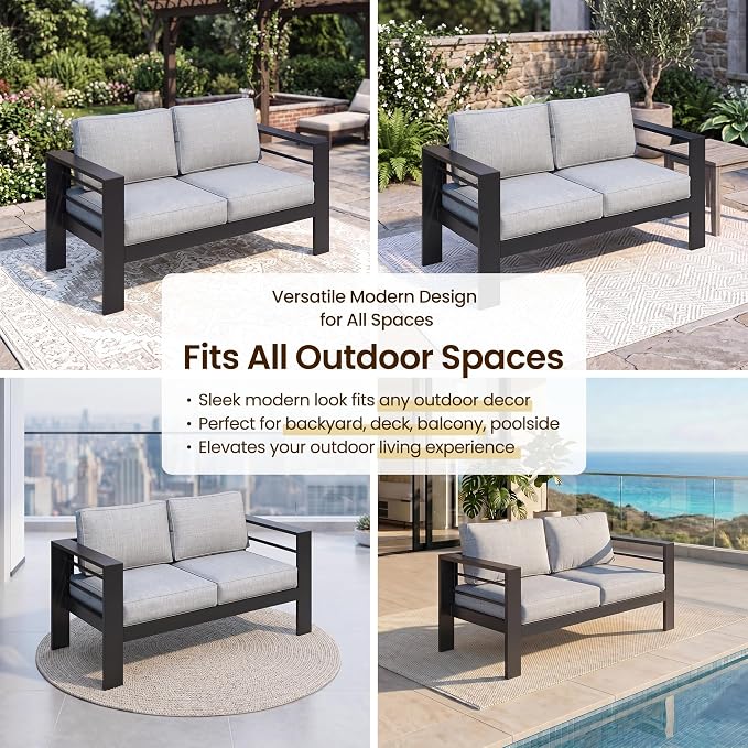 Kiss the Water Aluminum Patio Sofa, 2 PCS Light Grey Outdoor Couch | All-weather rust-proof aluminum frame with 5" thick olefin cushions, ideal for patio, backyard, or porch. Modern design.