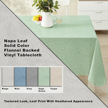 Newbridge Napa Leaf Sage Green Vinyl Flannel Backed Tablecloth, 52 x 52 Inch Square, Hotel Quality Waterproof Indoor Outdoor Table Cover for Kitchen, Patio, Dining, BBQ