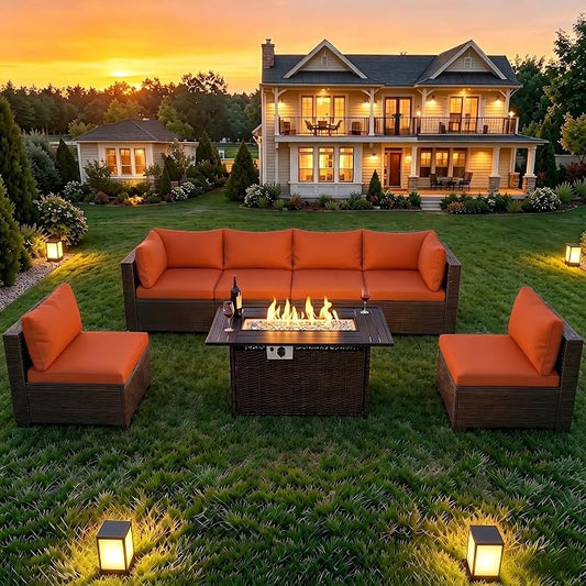 LAFWELL 8-Piece Wicker Patio Conversation Set with 44" Propane Fire Pit Table, Cozy Outdoor Sectional Sofa for Backyard Gatherings, Poolside Lounging & Garden Parties