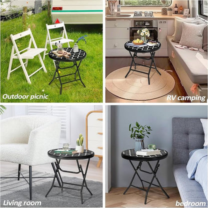 Foldable Side Table with Tempered Glass Top, Black & White | 18" Small Patio Side Tables Outdoor for Porch Yard Balcony Deck Lawn Garden