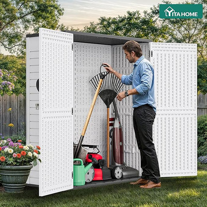 YITAHOME 59 Cuft Outdoor Tall Storage Shed, Waterproof Vertical Resin Shed for Garden, Garage, Patio, Lockable Tool Storage, No Shelves Included, Light Gray