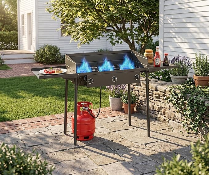 3 Burner Propane Camp Stove | 225,000 BTU | High Pressure Gas Burners | CSA Certified | Side Shelves | Windscreen | Waterproof Cover | Detachable Legs | Ideal for Camping Backyard Outdoor Cooking