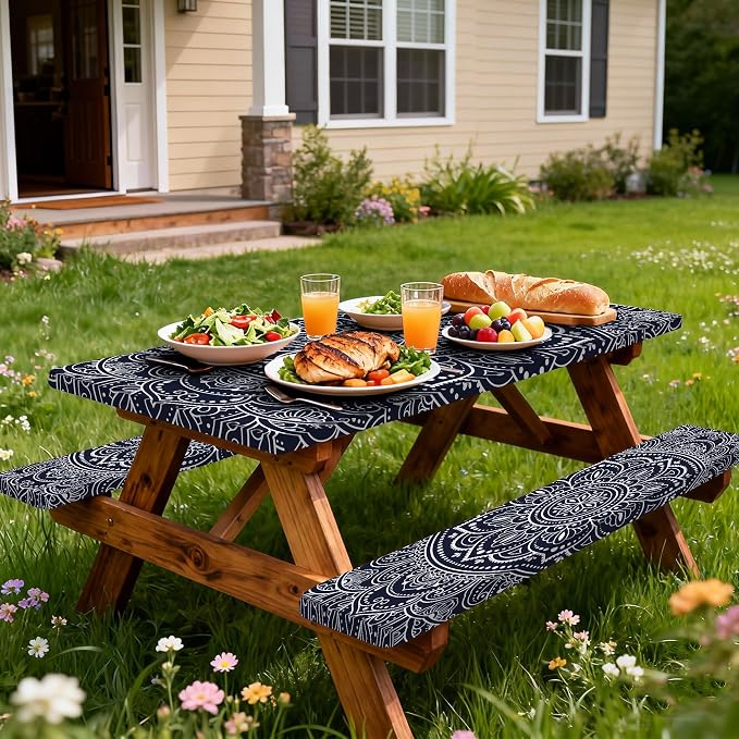 Rectangle Picnic Table Cover with Bench Covers 6FT 3PCS, Camping Essentials,Rectangle Fitted Camping Tablecloth Waterproof with Elastic Edge for Indoor Outdoor Patio, 72in, Boho