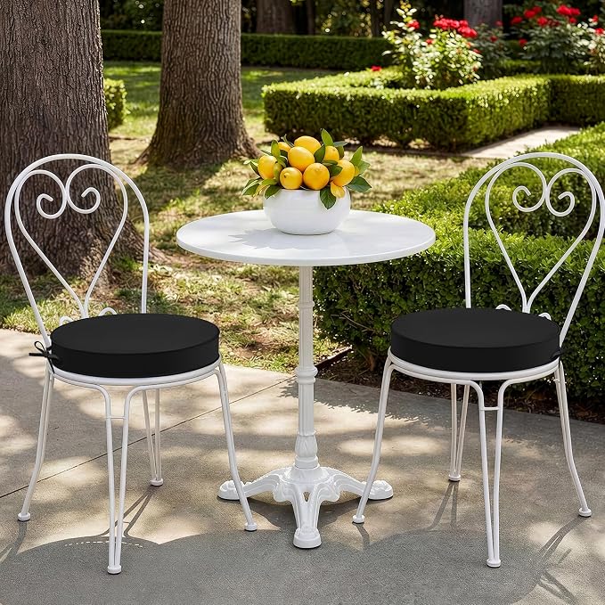 Summsun Outdoor Bistro Chair Cushions Set of 2, 15" D x 3" H Round Chair Cushions Waterproof and Fade Resistant Chair Cushion Pads with Non-Slip Ties and Removable Covers for Garden, Black