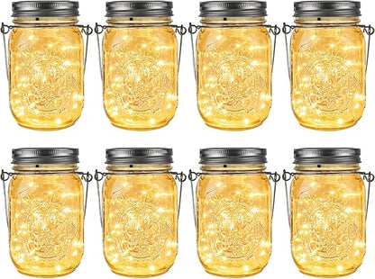 GIGALUMI Solar Mason Jar Lights, 8 Pack 30 Led String Fairy Lights Garden Lights Outdoor Waterproof Metal Lid Hanging Solar Lanterns for Outdoor, Garden, Patio, Lawn, Balcony Decoration