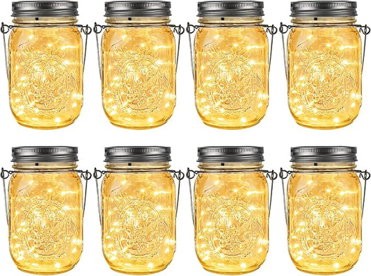 GIGALUMI Solar Mason Jar Lights, 8 Pack 30 Led String Fairy Lights Garden Lights Outdoor Waterproof Metal Lid Hanging Solar Lanterns for Outdoor, Garden, Patio, Lawn, Balcony Decoration