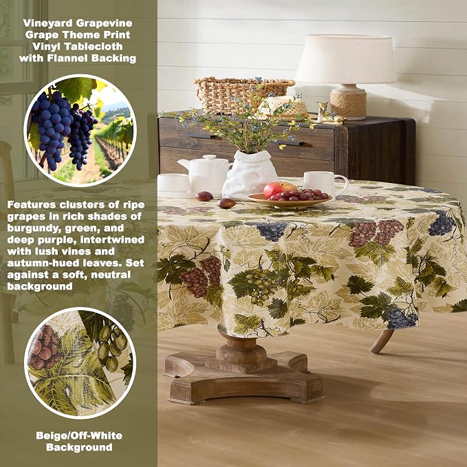 Newbridge 60 x 84 Inch Oval Vinyl Tablecloth with Flannel Backing, Grapevine Print, Grape Theme Indoor Outdoor Waterproof Table Cover, Picnic, Barbeque, Patio and Kitchen Dining