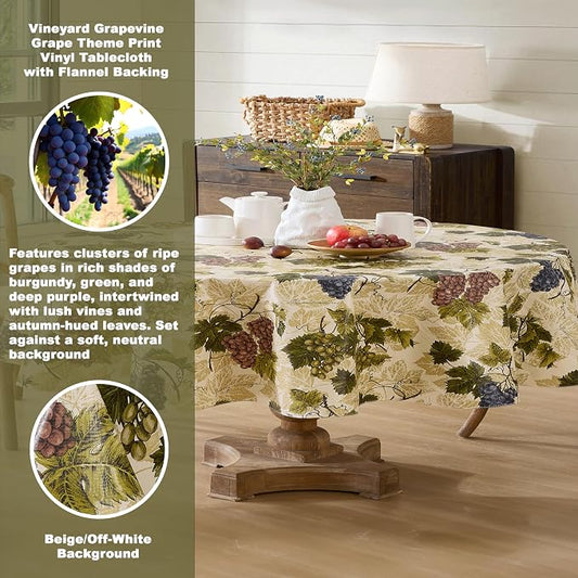 Newbridge 60 x 84 Inch Oval Vinyl Tablecloth with Flannel Backing, Grapevine Print, Grape Theme Indoor Outdoor Waterproof Table Cover, Picnic, Barbeque, Patio and Kitchen Dining