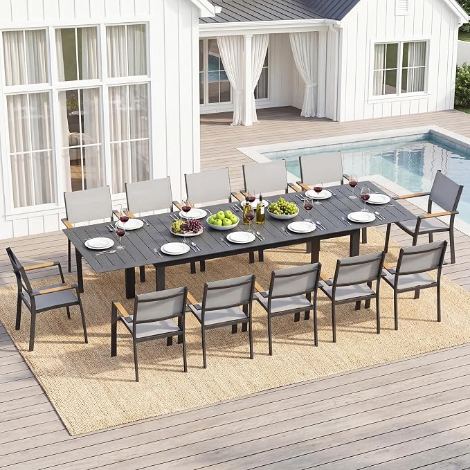 FansaFurn Patio Furniture Set with 121" Extendable Dining Table, Patio Table Set for 4–12 People, All-Weather Aluminum Outdoor Furniture, Outdoor Dining Set for Backyard, Porch, and Garde, Grey