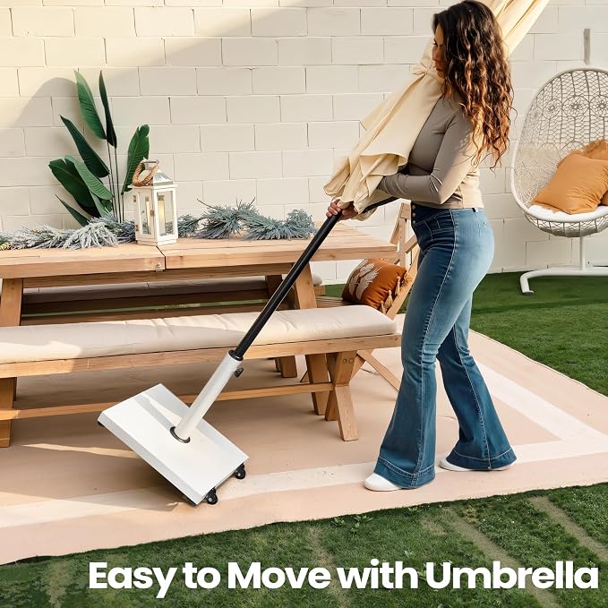 Patio Umbrella Base with Wheels, 43lbs White Outdoor Umbrella Stand | With 2 Wheels, Square Heavy Duty Base, Suitable for 6-12FT Market & Fringe Umbrella, for Deck, Lawn, Pool
