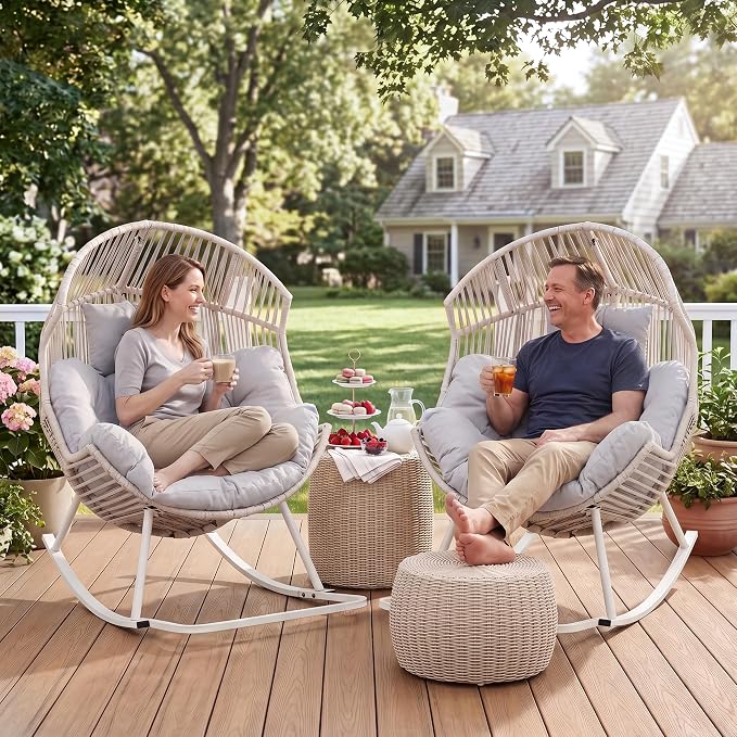 Shintenchi Egg Chair Outdoor, Oversized Outdoor Indoor Wicker Rocking Chair, Large PE Rattan Egg Rocking Chair with Cushion for Patio, Balcony, Backyard, Garden, Light Gray