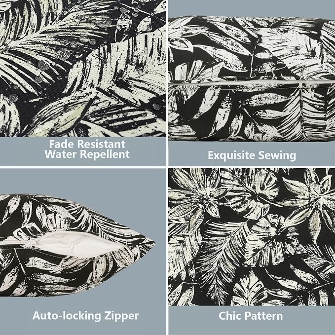 LVTXIII 2 Pack Outdoor Throw Pillow Covers for Patio Furniture, 16x16 Inch Square Pillow Case, Water-Repellent Cushion Covers for Garden, Porch, Sofa, Tropical Leaf Black