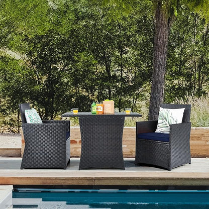 DORTALA Wicker Patio Bistro Set 3 Piece, Outdoor Table and Chairs with Tempered Glass Tabletop, Cushions, Small Rattan Furniture Conversation Sofa Set for Balcony, Porch, Backyard, Deck, Navy