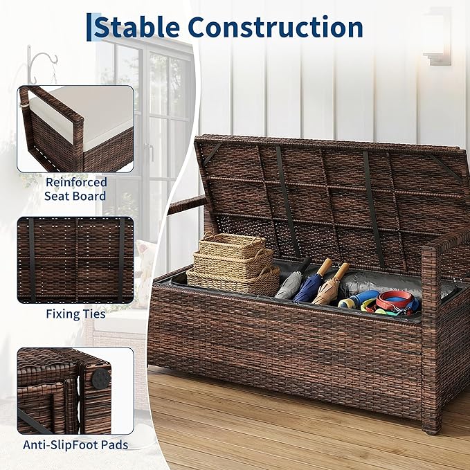 GarveeLife Wicker Storage Bench, Outdoor Rattan Stool with Iron & Plastic Wood Frame, Dark Brown Rattan, White Cushion, with Hidden Storage for Patio