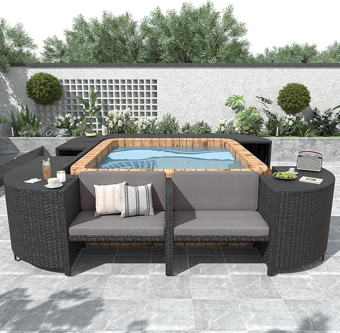 Merax Patio Furniture Set with Mini Sofa, Wooden Seats and Storage Spaces, Outdoor Conversation Sets for Patio, Lawn, Garden