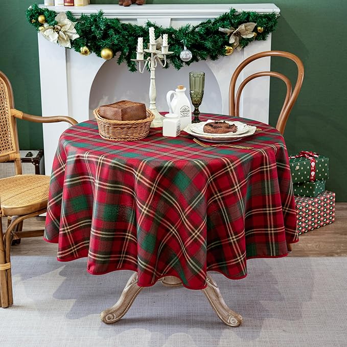 Plaid Tablecloth for Christmas, Checkered Style Table Cloth Holiday Family Gathering Rectangle Table Cover - Spillproof & Waterproof - Ideal for Indoor & Outdoor Use, Round 60"