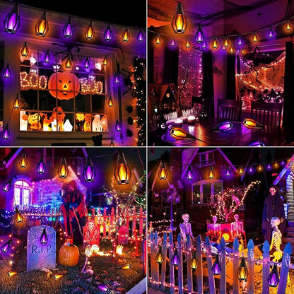 iBaycon 27FT 10 LED Solar Flame Halloween String Lights, Warm White+Purple | Ultra-Real Flickering Flame Lamp Outdoor Waterproof, Solar Patio String Lights for Garden Yard Lawn Halloween Decorations