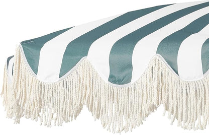 JONATHAN Y Mariner 6.5 ft. Striped Fringe Beach Umbrella, Green/White | Push-Button Tilt, UV 50 Protection, Matching Carry Bag, Light Brown Wood Finish Iron Pole, Wind Vent, Scalloped Round Canopy