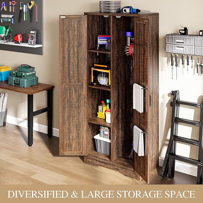 DWVO Wooden Storage Cabinet, Vacuum Cleaner Cabinet Storage Compatible with Dyson Models, Utility Cabinet Stand for Brooms and Mops, Cleaning Tool Cabinet with Doors for Garage