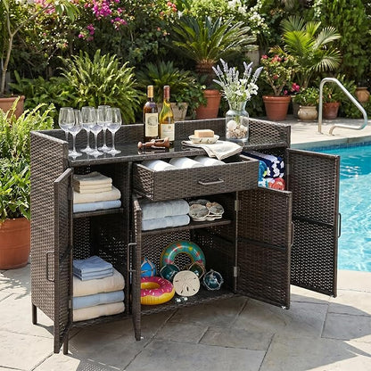 53.2"W Outdoor Weather-proof Rattan Storage Cabinet with Tempered Glass Desktop,Outdoor Wicker Bar Table with One Large Drawer & Adjustable Shelves for Patio, Backyard,Garden,Pool (Black+Brown#81)