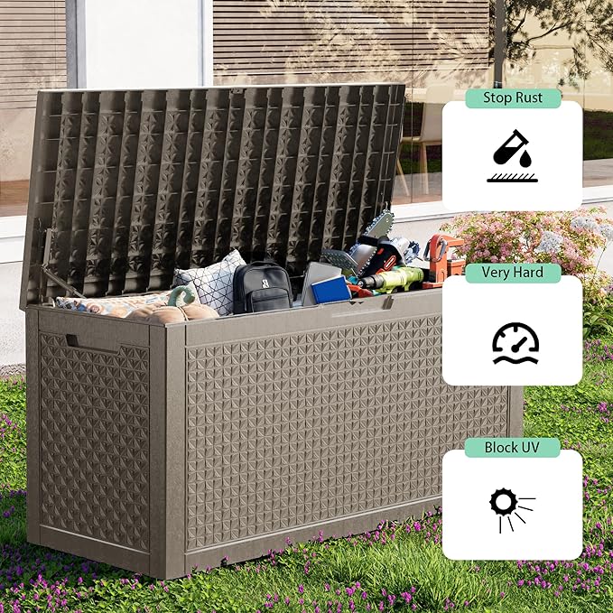 ROJIK 110 Gallon Deck Box Outdoor, Waterproof Outdoor Storage Boxes with Lids, Outside Resin Lockable Storage Box for Patio Cushions, Garden Tools(Grey)